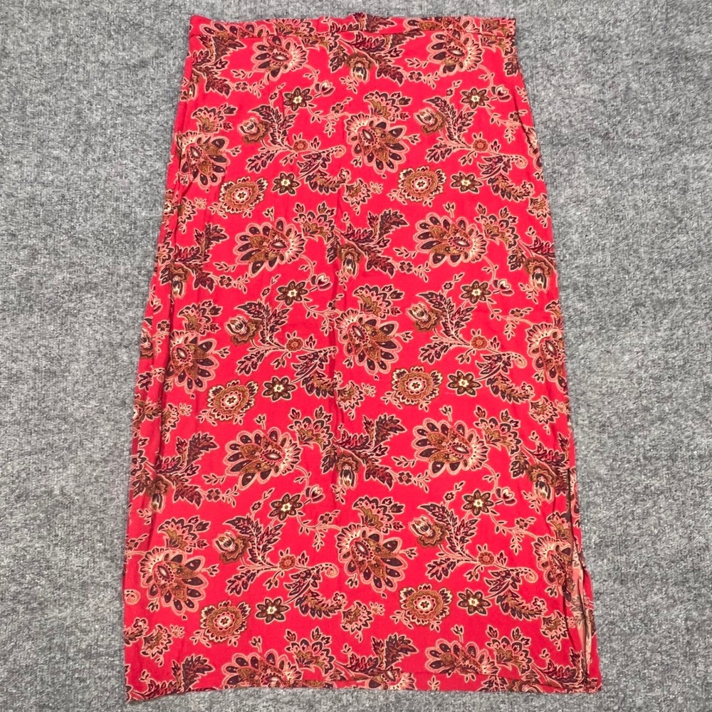 Coldwater Creek Midi Skirt Womens XL Red Paisley Floral Rayon Side Slits